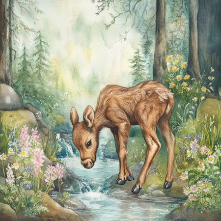 Watercolor baby moose with soft, velvety fur, standing by a forest stream surrounded by delicate wildflowers and soft mist. The tranquil woodland setting is filled with soft lighting and a magical, dream-like atmosphere.の素材