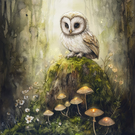 Watercolor baby owl sitting atop a moss-covered rock, surrounded by glowing mushrooms and delicate flowers. The forest is filled with soft light and mist, creating a magical and serene woodland atmosphere.の素材