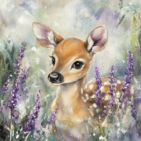 Hand-painted baby deer with soft brown fur and white spots, peering curiously through delicate lavender blooms. The dreamy watercolor scene evokes peaceful forest evenings, filled with soft pastel greens, purples, and blues.の素材