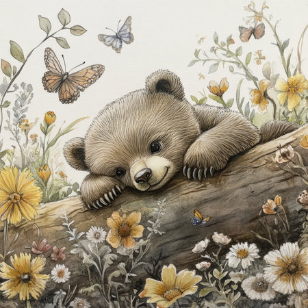 Hand-painted baby bear with sleepy eyes lying on a fallen log, surrounded by watercolor flowers, butterflies, and warm golden light. Soft fluffy fur, gentle textures, and whimsical forest details create a cozy, magical woodland atmosphere.の素材