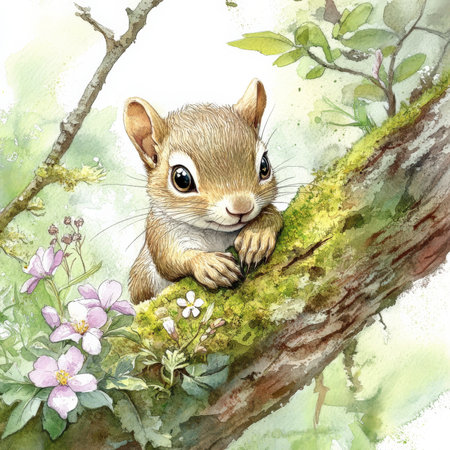 Watercolor baby squirrel with bright, curious eyes, sitting on a moss-covered tree branch surrounded by delicate wildflowers and soft green leaves. The dreamy woodland scene captures the playful innocence of this tiny forest creature.の素材