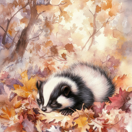 Dreamy watercolor baby skunk resting in a bed of soft autumn leaves, surrounded by gentle forest mist. The peaceful, pastel-toned woodland scene evokes a sense of warmth and tranquility, with the skunk's fluffy fur softly blending into the serene background.の素材