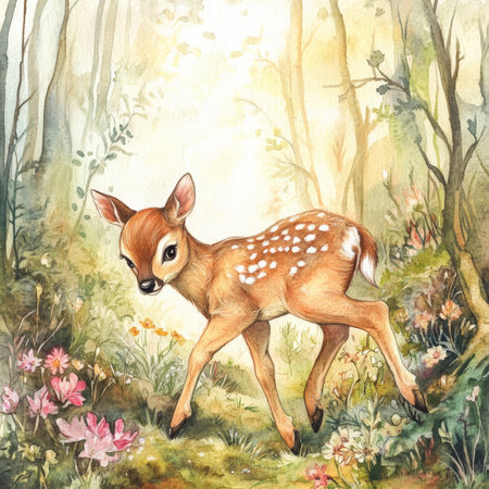 Dreamy watercolor baby deer with soft brown fur, gracefully walking through a forest clearing, surrounded by vibrant wildflowers and soft green moss. The scene is bathed in the soft, golden light of sunset, creating a magical woodland atmosphere.の素材