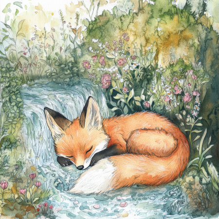 Soft watercolor painting of a baby fox sleeping beside a bubbling creek, with its fluffy tail curled up around its body. The scene is dreamy, with mist rising from the water and wildflowers growing around its peaceful resting place.の素材
