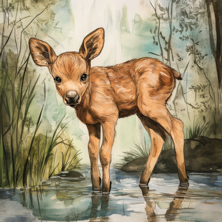 Watercolor baby moose standing near a forest stream, surrounded by dreamy reflections and wild grasses. The hand-painted creature has large eyes, soft velvet antler buds, and a shy expression that captures woodland innocence and beauty.の素材