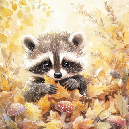 Dreamy watercolor baby raccoon with soft, fluffy fur, playfully digging through a pile of autumn leaves. The scene is filled with soft golden light, tiny mushrooms, and delicate flowers, creating a magical, peaceful woodland atmosphere.の素材