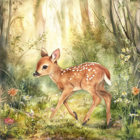 Dreamy watercolor baby deer with soft brown fur, gracefully walking through a forest clearing, surrounded by vibrant wildflowers and soft green moss. The scene is bathed in the soft, golden light of sunset, creating a magical woodland atmosphere.の素材