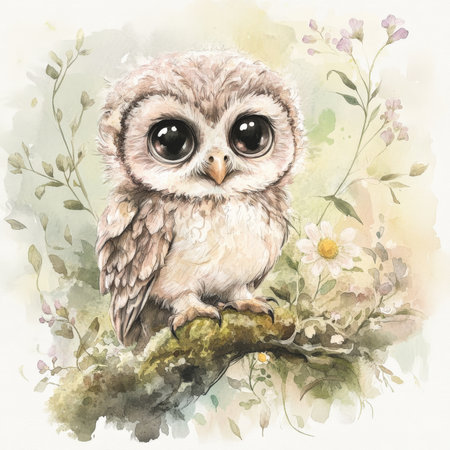 Hand-painted watercolor baby owl with large, expressive eyes, perched on a branch surrounded by soft moss and wildflowers. The gentle forest light creates a dreamy, magical atmosphere, with pastel hues and soft textures blending together in perfect harmony.の素材