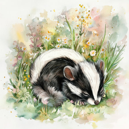Dreamy watercolor baby skunk with fluffy white stripes, gently nestled in the soft grass, surrounded by tiny flowers. The woodland setting, painted in soft tones, creates a serene and peaceful atmosphere full of innocence.の素材
