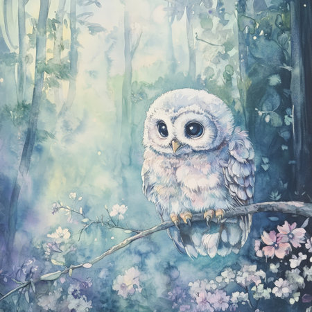 Watercolor baby owl gently perched on a branch, with its feathers glowing in the soft twilight light. The forest around it is shrouded in mist, and soft pastel flowers bloom beneath, evoking a peaceful and magical mood.の素材