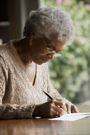 An elderly African-American woman writes thank-you notes to retiring employees. Her tradition of handwritten appreciation letters reflects care, grace, and leadershipの素材