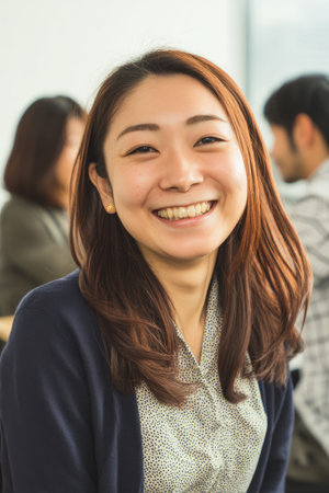 A young adult Japanese woman takes team photos for a refreshed company site, capturing natural expressions and collaboration. Her style boosts brand authenticity.の素材