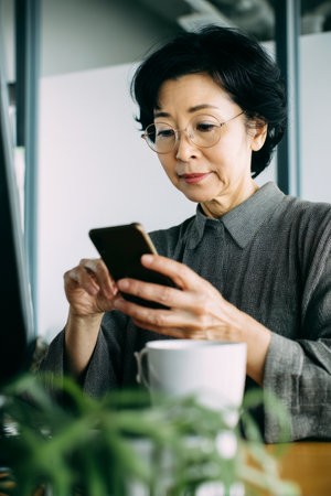 A mature Japanese woman uses voice-to-text apps to capture ideas during quiet mornings. Her embrace of technology supports agile, creative thinking.の素材