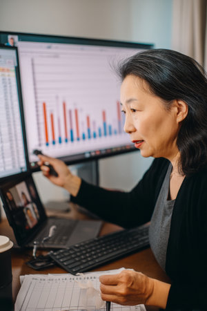 A middle-aged Asian woman updates spreadsheet formulas while reviewing forecasts with her team over video. Her accuracy and financial insight support company resilience.の素材
