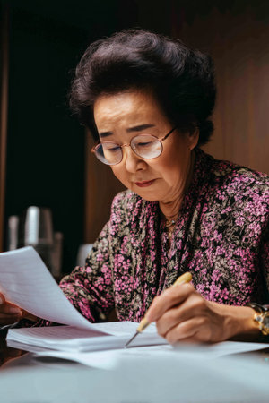An elderly Asian woman drafts legal review notes for a startup merger. Her sharp focus on compliance and ethics guarantees fairness and security in every term.の素材