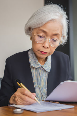 An elderly Asian woman drafts legal notes for a startup merger. Her strong ethical sense ensures fair and compliant agreements.の素材