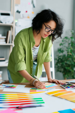 A young adult Hispanic woman creates a color palette for a branding refresh. Her artistic flair and strategic vision breathe new life into corporate identityの素材