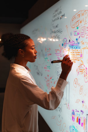 A young adult Black woman arranges a digital whiteboard for a brainstorming session, filling it with colorful diagrams and inspirational quotes. Her leadership encourages creative thinkingの素材