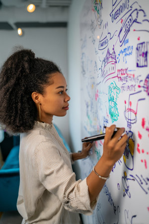 A young adult Black woman sets up a digital whiteboard with visuals and quotes. Her initiative promotes creative collaboration within the team.の素材