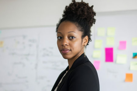 Young adult African-American businesswoman standing near a whiteboard, explaining project phases to her team, diagrams and post-it notes emphasizing clarity and visionの素材