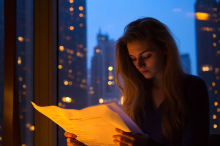 Young adult Caucasian woman finishing a sales report at dusk, city lights visible from the high-rise window behind her, intense concentration in the airの素材