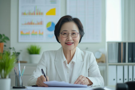 Elderly Asian businesswoman reviewing annual performance reports, sitting in a minimalist office with organized charts and a serene, productive ambianceの素材