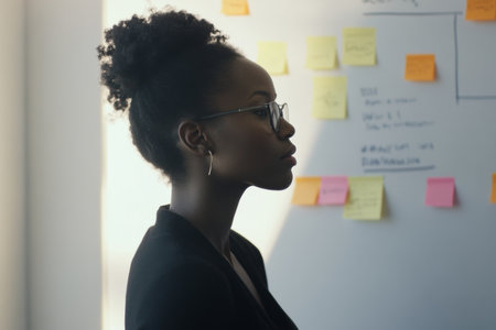 Young adult African-American businesswoman standing near a whiteboard, explaining project phases to her team, diagrams and post-it notes emphasizing clarity and visionの素材