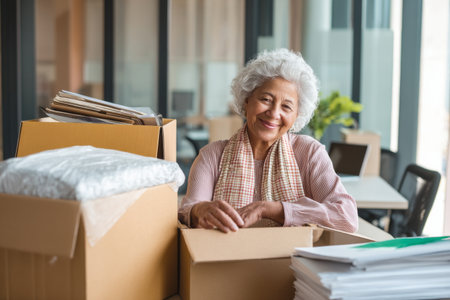 Elderly Hispanic woman sorting her final office belongings into boxes, preparing for retirement with a smile and fond memoriesの素材