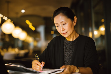 Middle-aged Asian woman reviewing an international partnership proposal, translating key sections and making cultural notesの素材