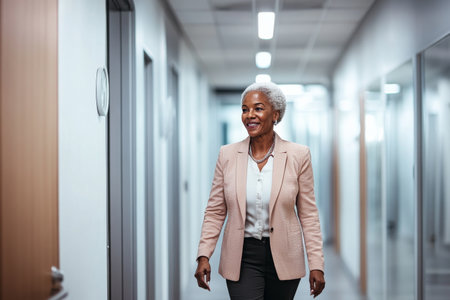 Elderly African-American businesswoman walking through an office corridor greeting employees, projecting warmth and leadership, walls lined with company achievementsの素材