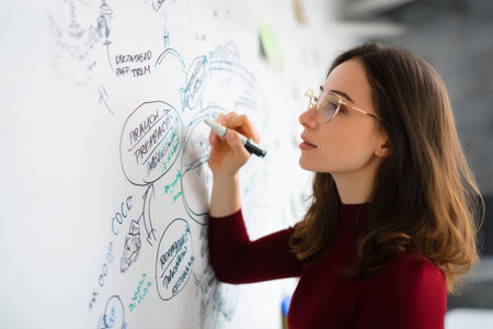 Young adult Caucasian woman drawing product lifecycle stages on a whiteboard, explaining terms to her product teamの素材