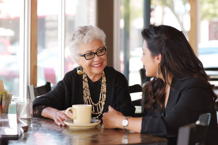 Elderly Hispanic woman mentoring a younger colleague over coffee, sharing career advice and stories from her decades in leadershipの素材