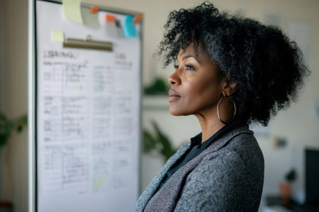 Middle-aged African-American businesswoman organizing folders and planning her week with a whiteboard calendar in a cozy yet modern office, time management and leadership evidentの素材