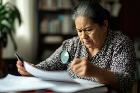 Elderly Hispanic woman preparing client contracts with precision, checking fine details with a magnifier, dedicated and detail-oriented professionalの素材