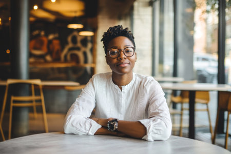 Elderly African-American woman conducting a wellness check-in with employees, seated at a roundtable offering advice with care and compassionの素材
