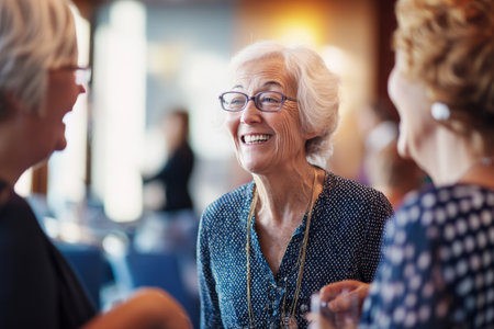 Elderly Caucasian woman chatting with colleagues during a retirement celebration, laughter and warm lighting in the loungeの素材