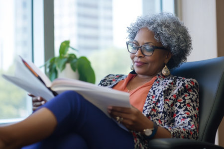 Elderly Black woman sitting with her feet up in a relaxed executive office, reading a report with a slight smile, years of experience reflected in her calm demeanorの素材