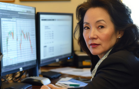 Asian middle-aged businesswoman analyzing financial graphs on dual monitors in a high-tech office, leaning forward in concentration, desk organized with a notepad, calculator, and tech gadgetsの素材
