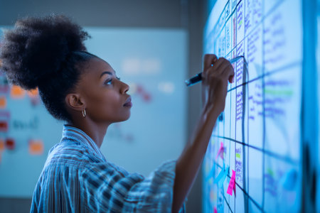 Young adult African-American woman updating cloud-based project management boards, assigning tasks and adjusting timelinesの素材