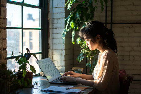 Young adult Asian woman typing an urgent report on her ultrabook, seated by a tall office window, morning light and coffee energizing her workdayの素材