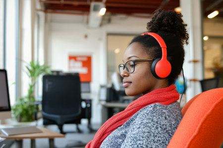 Young adult African-American woman making final adjustments to a pitch deck, sitting in a shared office space, wearing headphones and focused on perfectionの素材