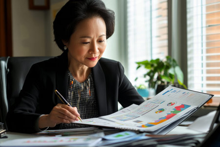 Mature Asian businesswoman sitting at her desk reviewing a thick portfolio, flipping pages with a pen in hand, meticulous and analytical, surrounded by charts and graphsの素材