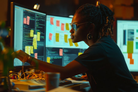 Young adult Black woman setting up analytics tools on a dual-screen workstation, laser-focused and surrounded by technical manuals and sticky notesの素材