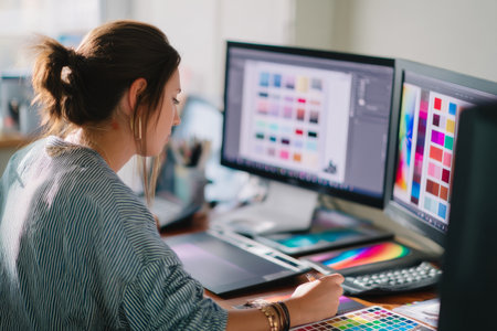 Young adult Hispanic woman customizing branding assets, using design software to edit colors, logos, and corporate typographyの素材