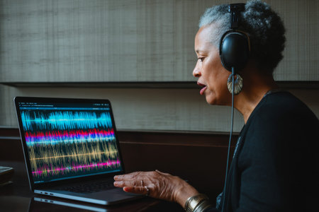 Middle-aged African-American woman editing a business podcast episode, focused with headphones on and waveforms on her laptop screenの素材