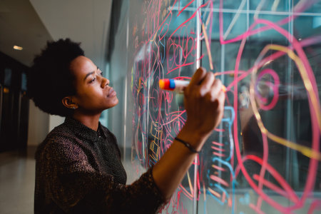 Young adult Black woman drawing UX concepts on a glass wall with colorful markers, sketching app wireframes with creative flairの素材