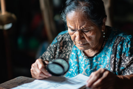 Elderly Hispanic woman preparing client contracts with precision, checking fine details with a magnifier, dedicated and detail-oriented professionalの素材