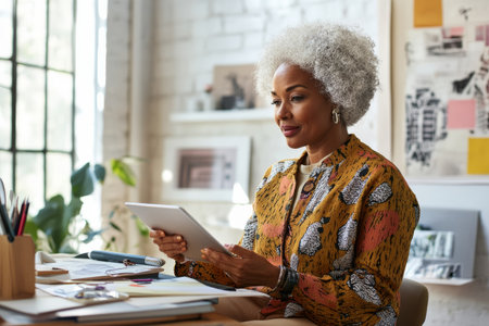 Mature Black woman seated with a tablet and stylus, sketching out design concepts for an interior project in a bright creative workspace, stylish and focusedの素材