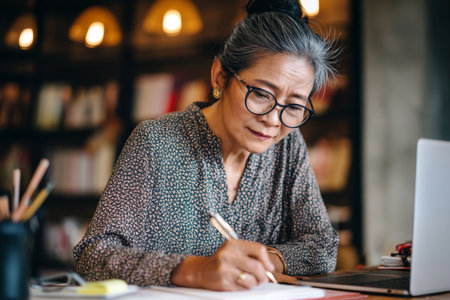 Middle-aged Asian woman reviewing an international partnership proposal, translating key sections and making cultural notesの素材