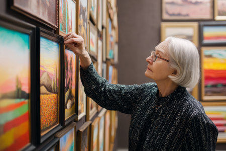 Elderly Caucasian woman curating an art wall for the office, choosing paintings that reflect company values and creativityの素材